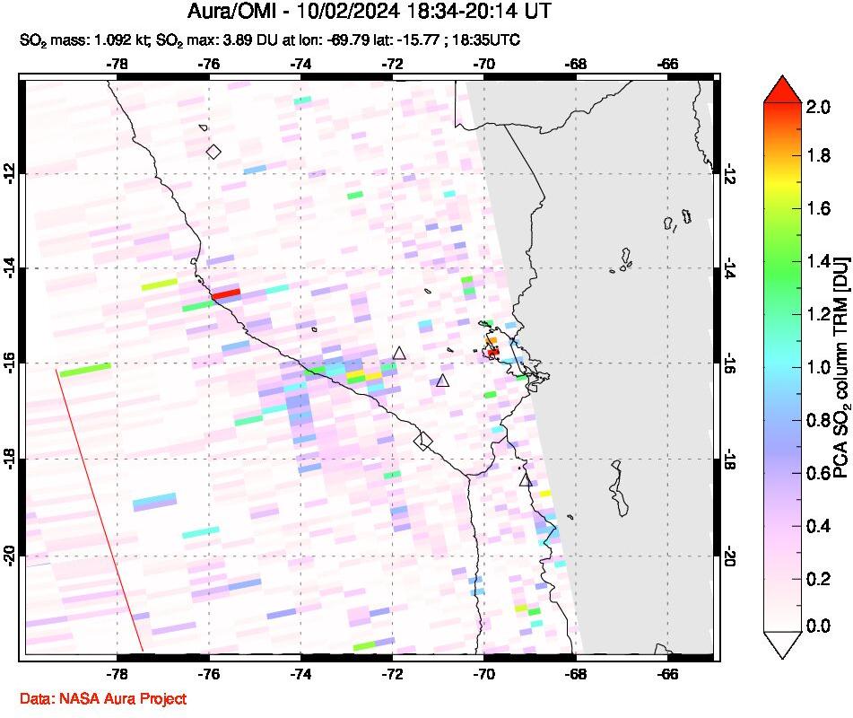 A sulfur dioxide image over Peru on Oct 02, 2024.