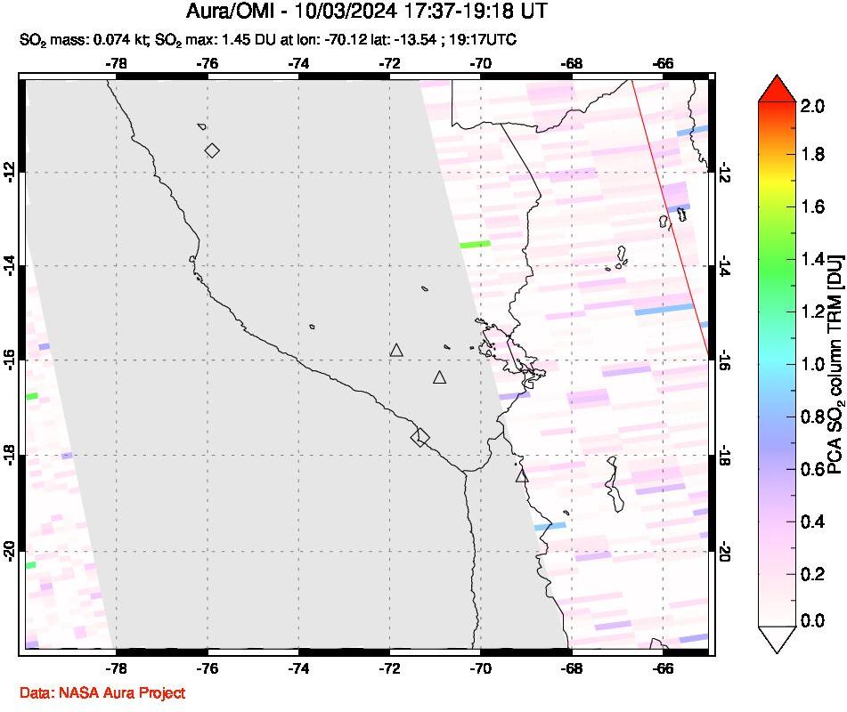 A sulfur dioxide image over Peru on Oct 03, 2024.