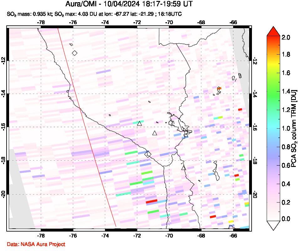 A sulfur dioxide image over Peru on Oct 04, 2024.