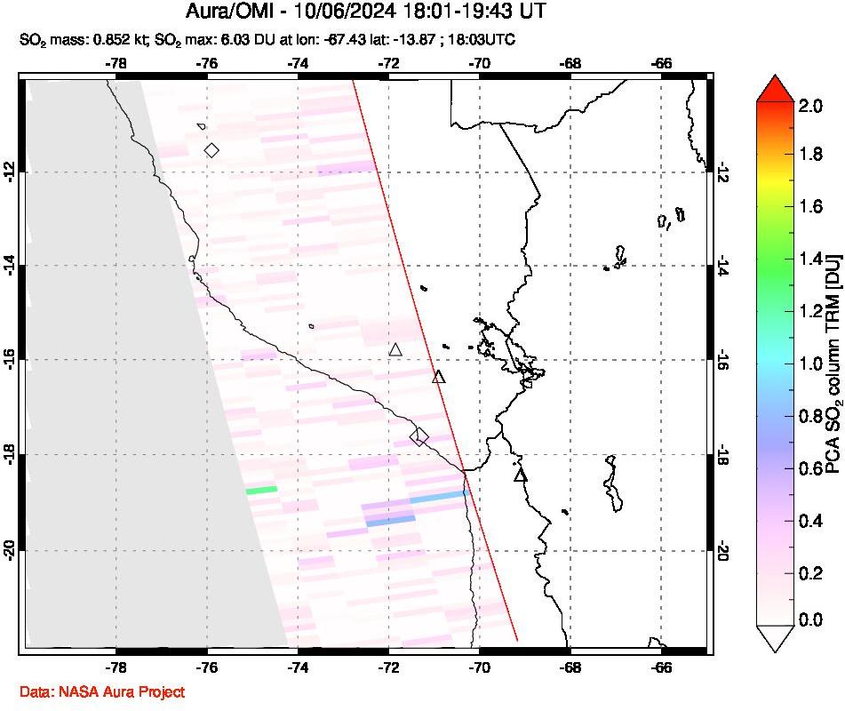 A sulfur dioxide image over Peru on Oct 06, 2024.