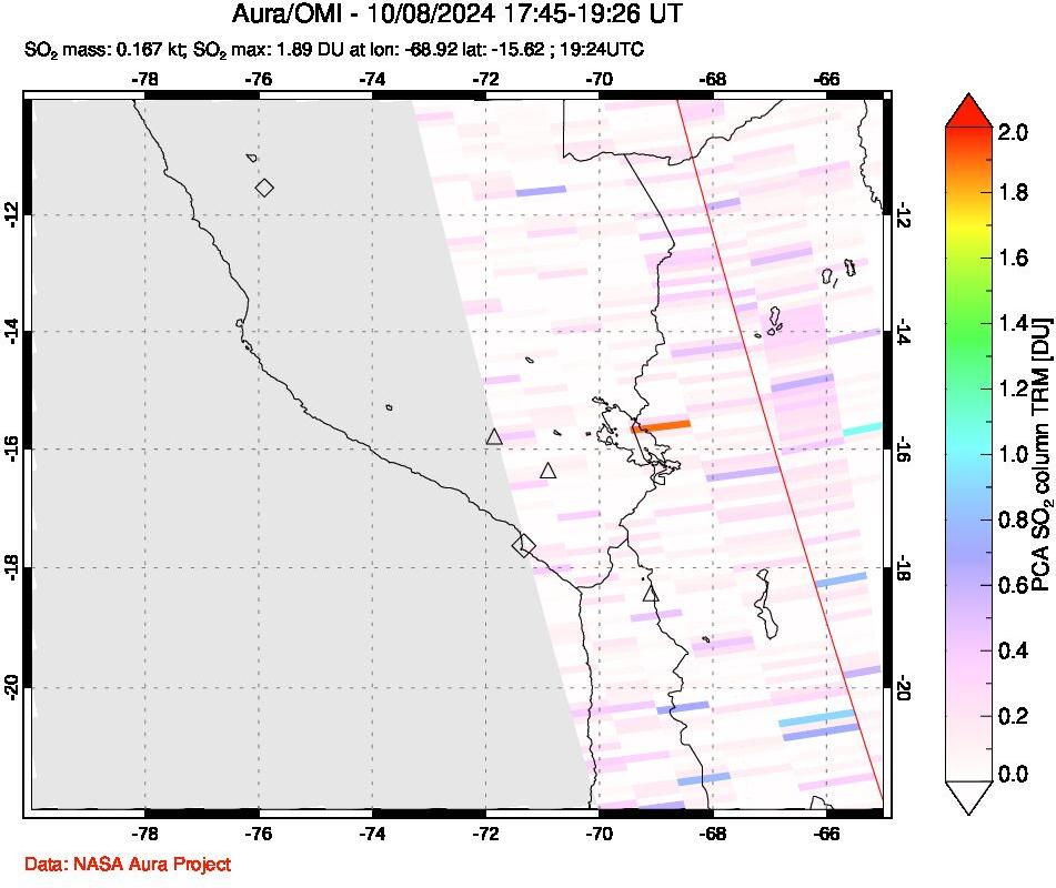 A sulfur dioxide image over Peru on Oct 08, 2024.