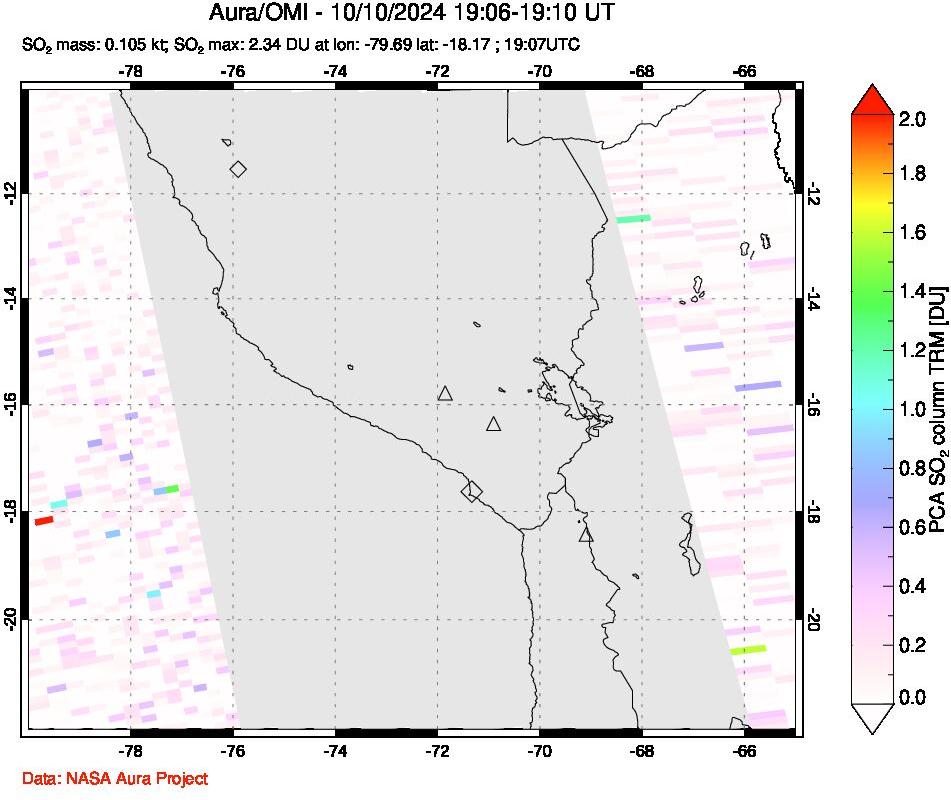 A sulfur dioxide image over Peru on Oct 10, 2024.