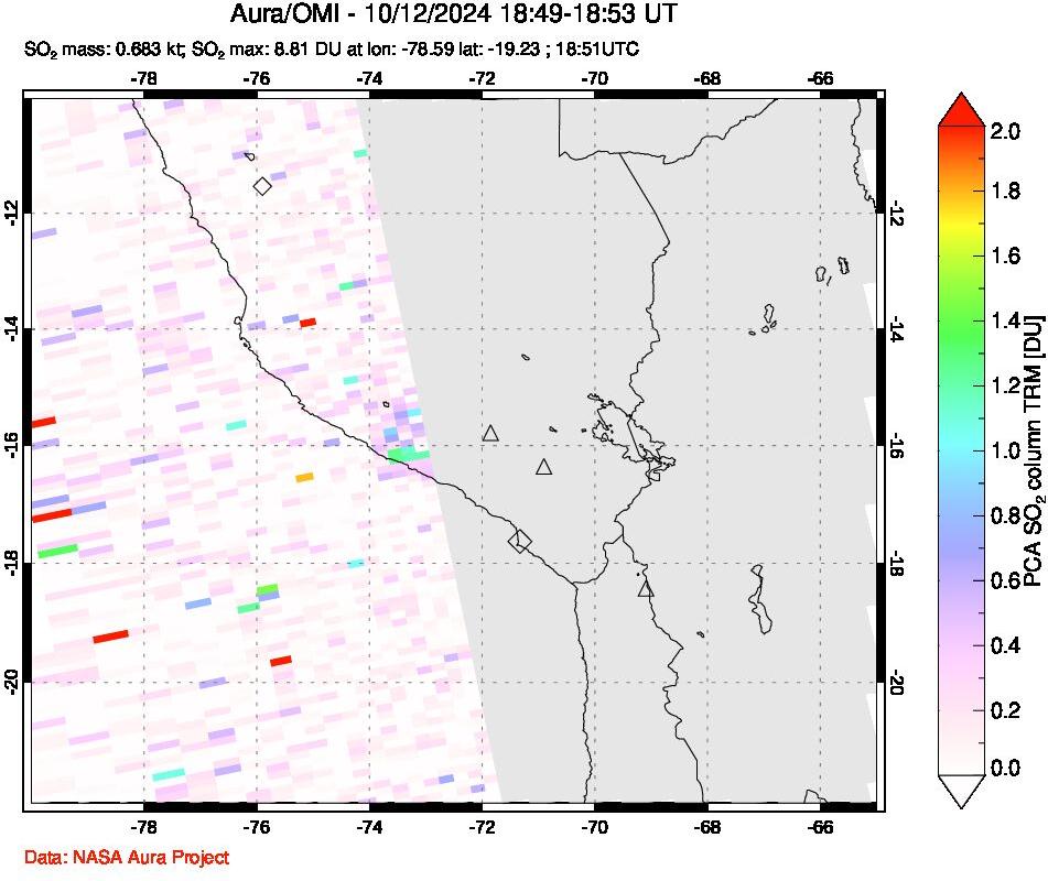 A sulfur dioxide image over Peru on Oct 12, 2024.