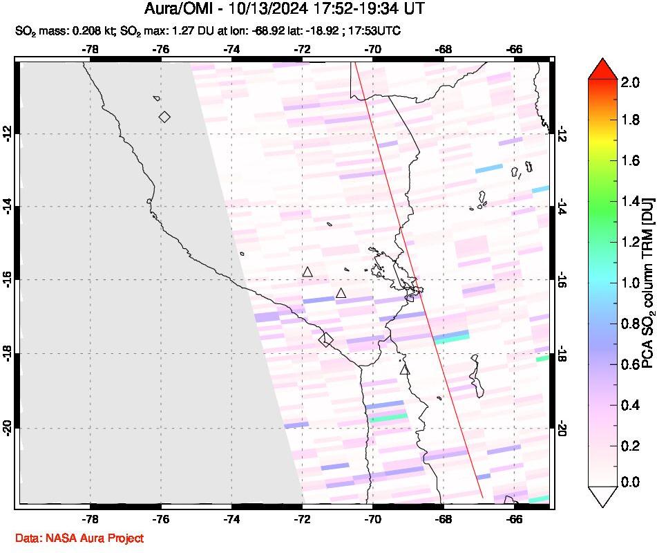 A sulfur dioxide image over Peru on Oct 13, 2024.