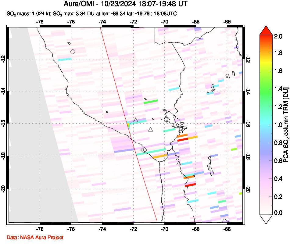 A sulfur dioxide image over Peru on Oct 23, 2024.