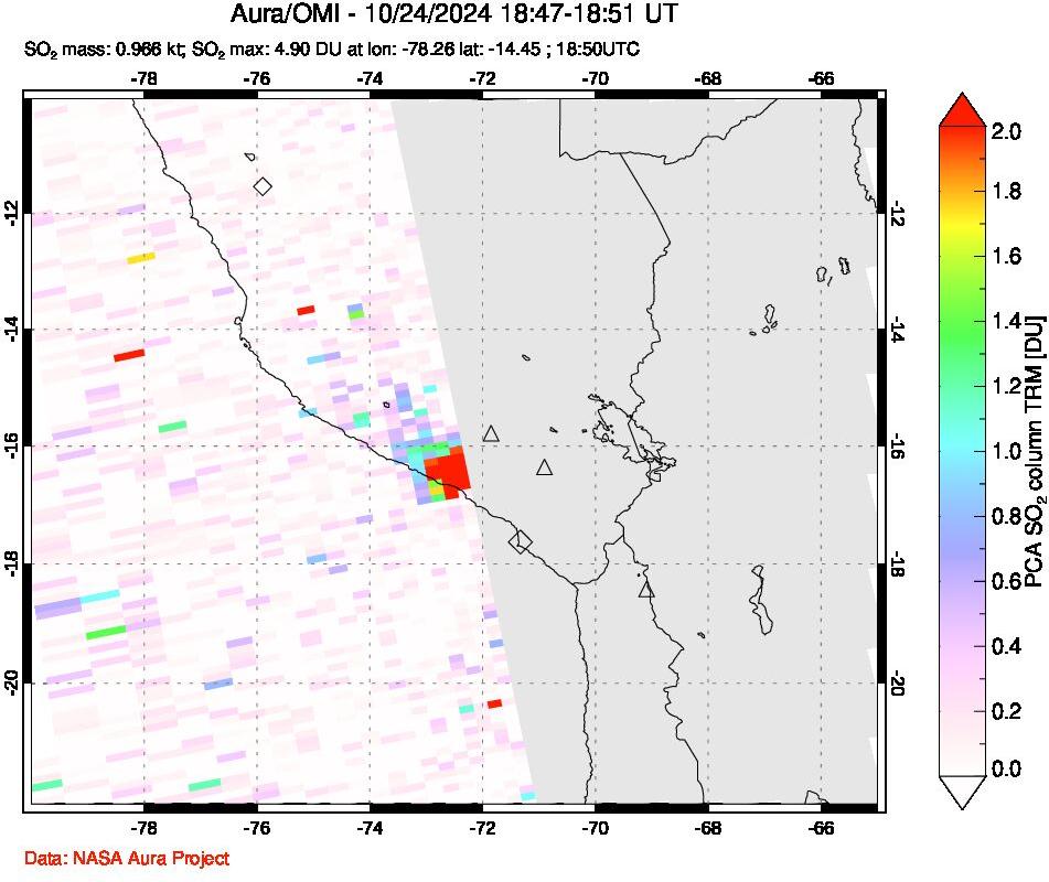 A sulfur dioxide image over Peru on Oct 24, 2024.