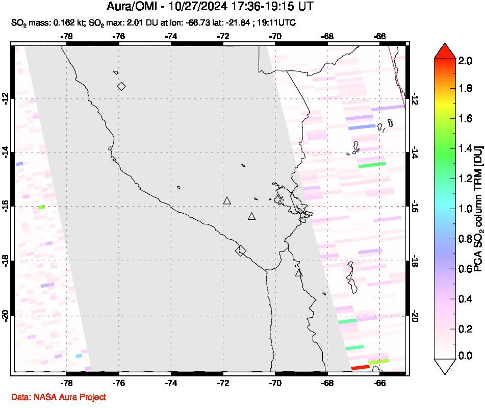 A sulfur dioxide image over Peru on Oct 27, 2024.