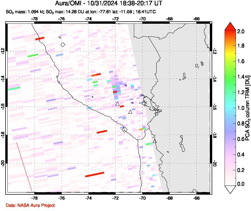 A sulfur dioxide image over Peru on Oct 31, 2024.