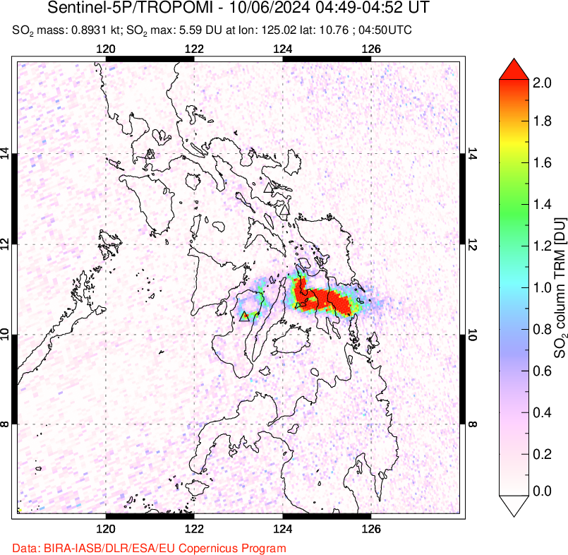 A sulfur dioxide image over Philippines on Oct 06, 2024.