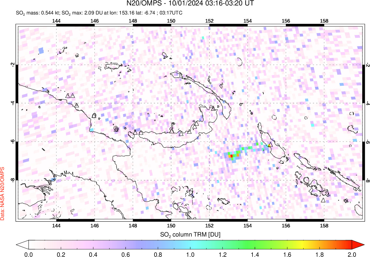 A sulfur dioxide image over Papua, New Guinea on Oct 01, 2024.