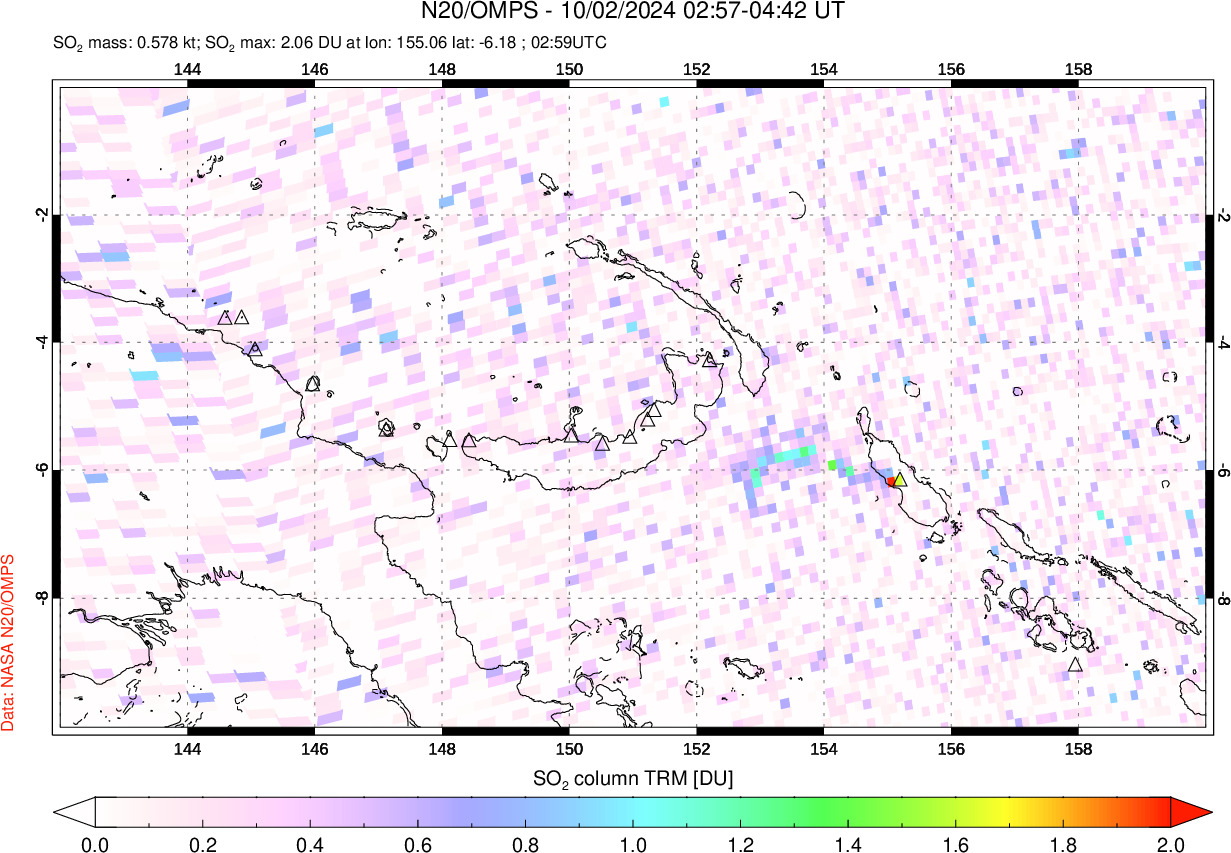 A sulfur dioxide image over Papua, New Guinea on Oct 02, 2024.