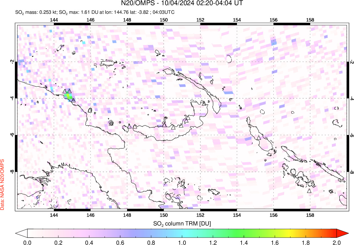 A sulfur dioxide image over Papua, New Guinea on Oct 04, 2024.