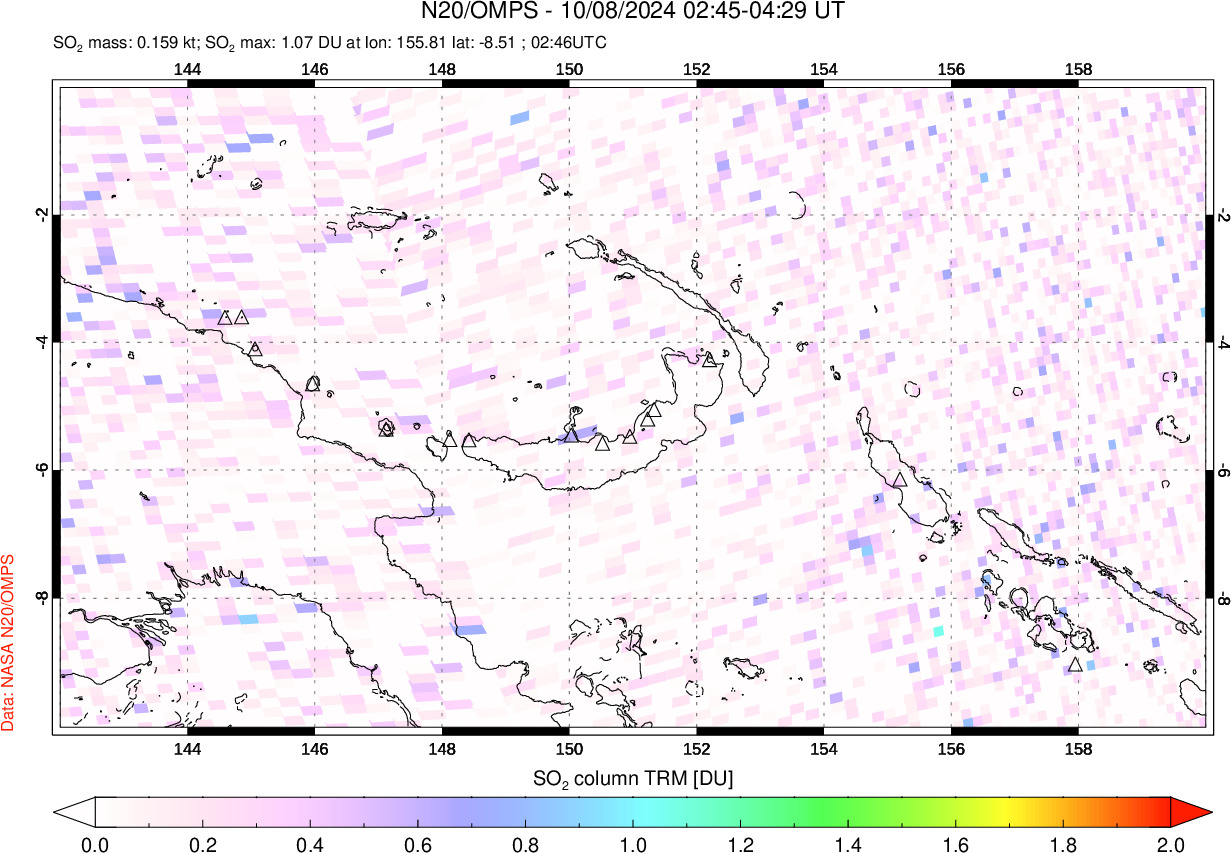 A sulfur dioxide image over Papua, New Guinea on Oct 08, 2024.