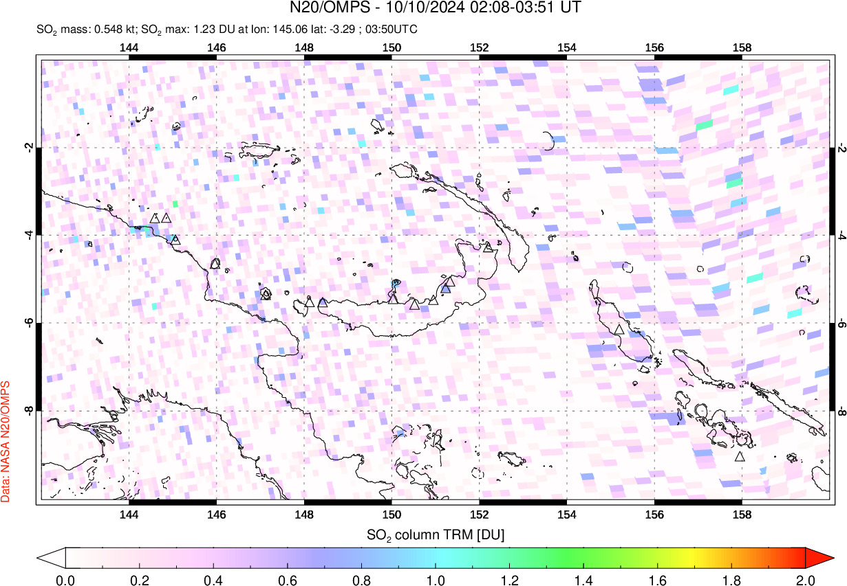 A sulfur dioxide image over Papua, New Guinea on Oct 10, 2024.