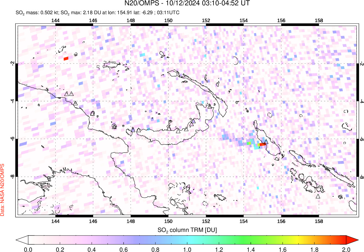 A sulfur dioxide image over Papua, New Guinea on Oct 12, 2024.