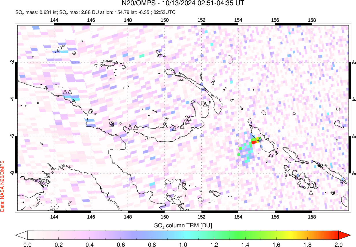 A sulfur dioxide image over Papua, New Guinea on Oct 13, 2024.