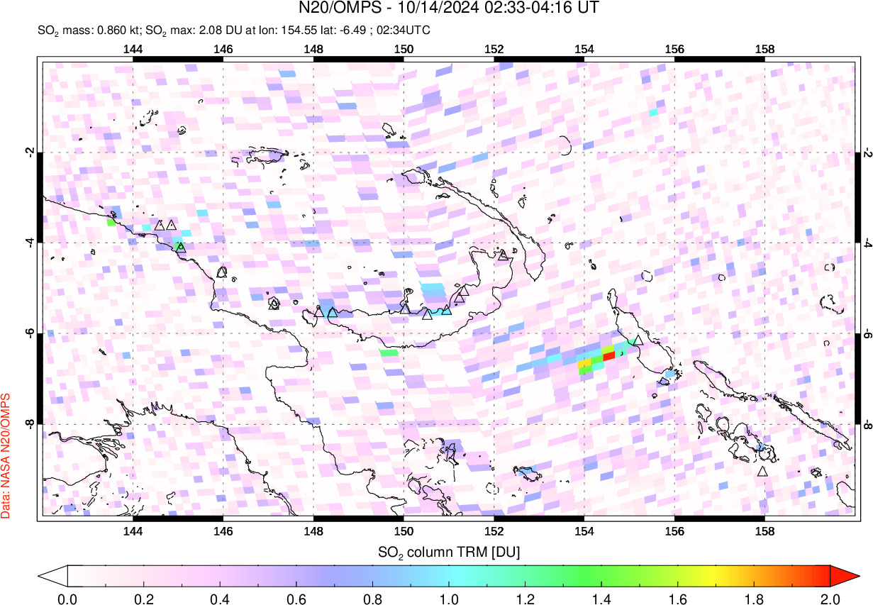 A sulfur dioxide image over Papua, New Guinea on Oct 14, 2024.