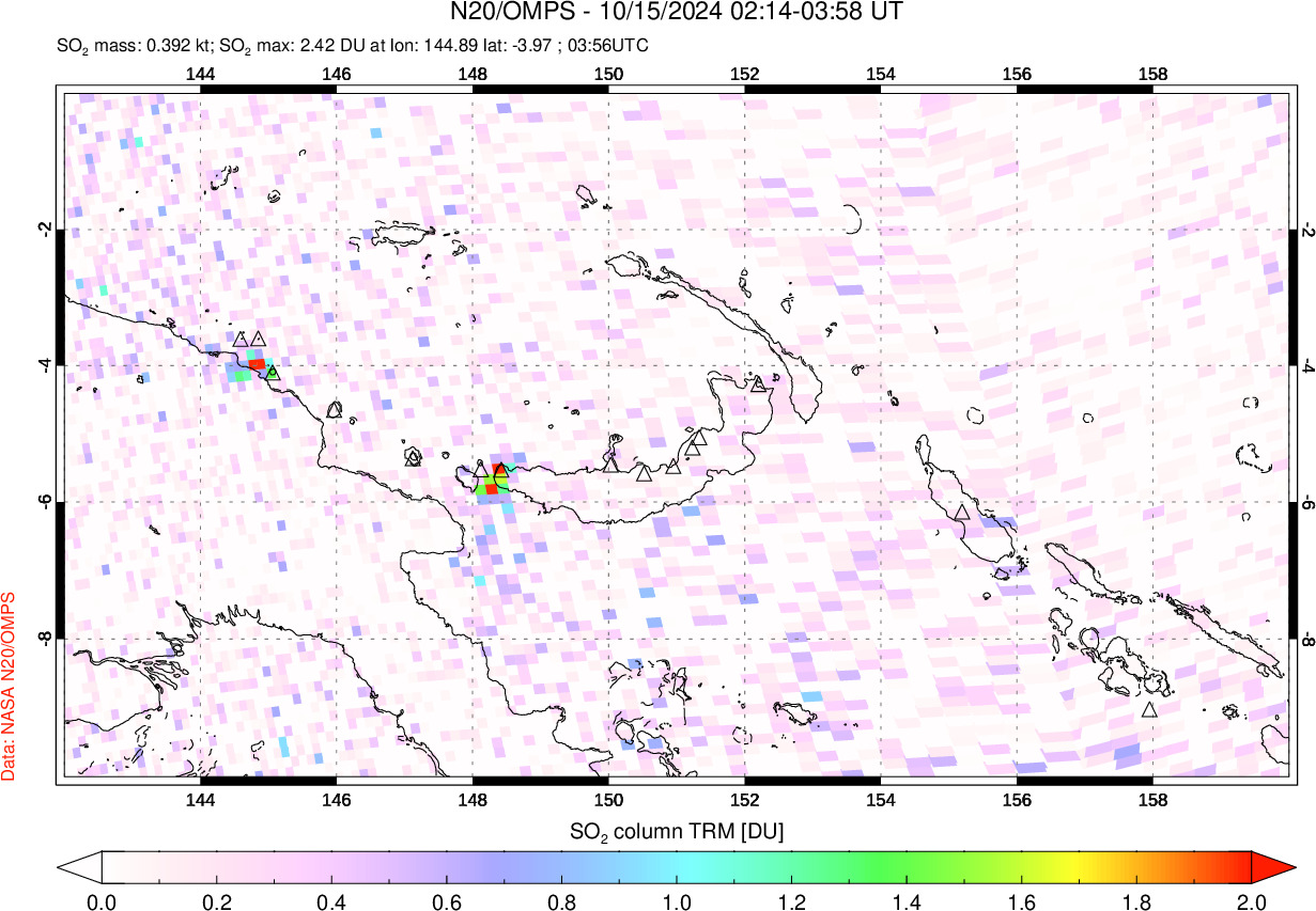 A sulfur dioxide image over Papua, New Guinea on Oct 15, 2024.