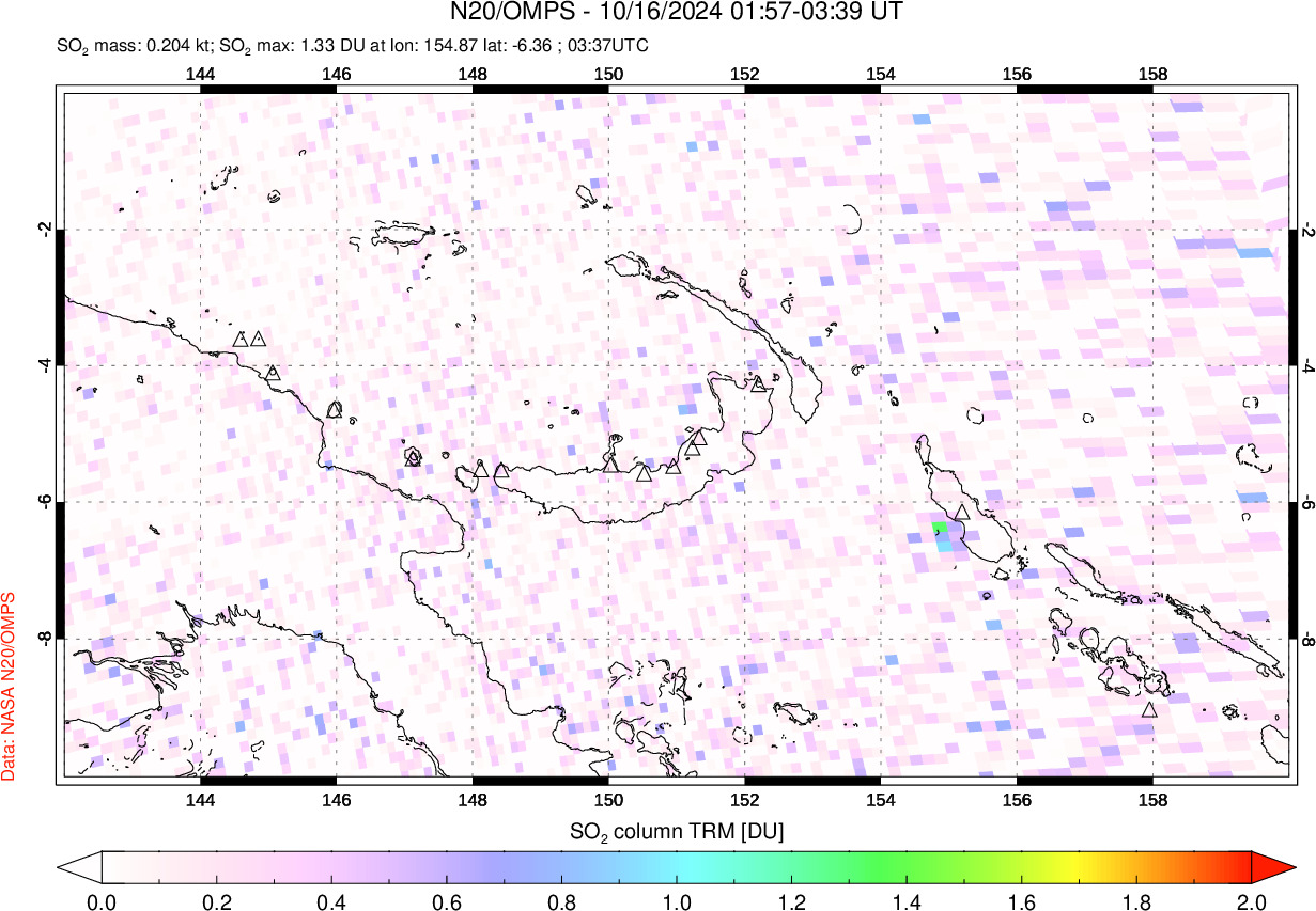 A sulfur dioxide image over Papua, New Guinea on Oct 16, 2024.