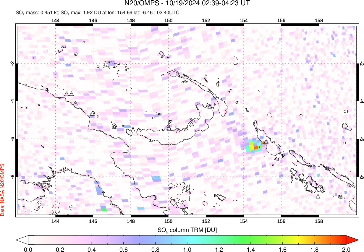 A sulfur dioxide image over Papua, New Guinea on Oct 19, 2024.