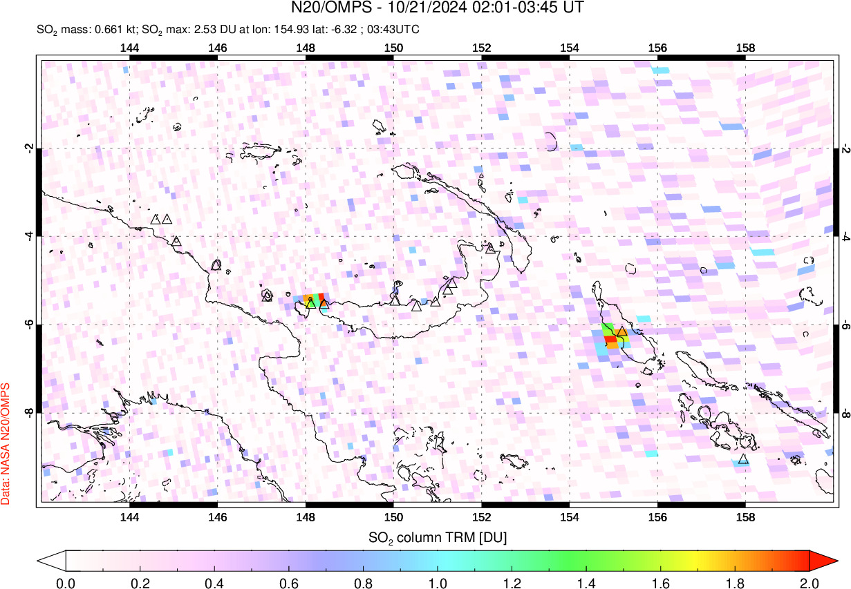 A sulfur dioxide image over Papua, New Guinea on Oct 21, 2024.