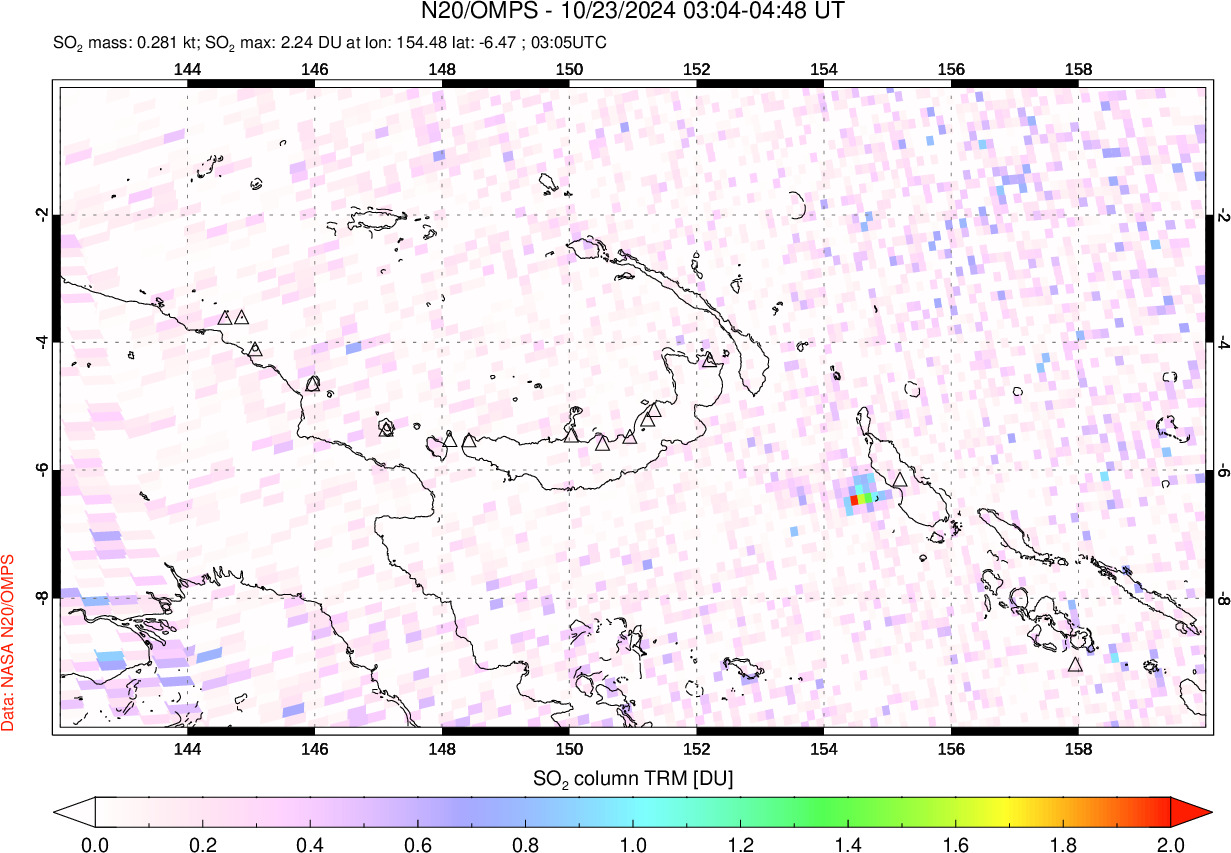 A sulfur dioxide image over Papua, New Guinea on Oct 23, 2024.