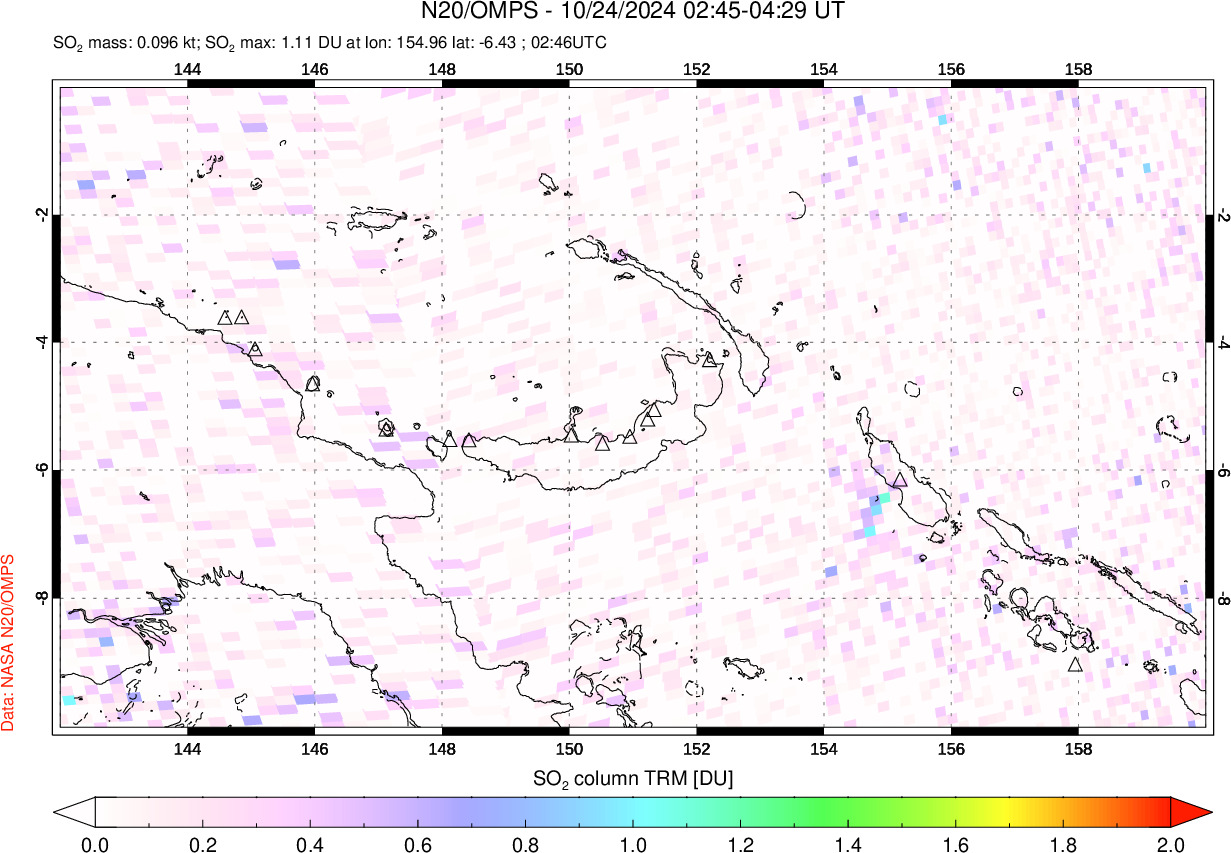 A sulfur dioxide image over Papua, New Guinea on Oct 24, 2024.