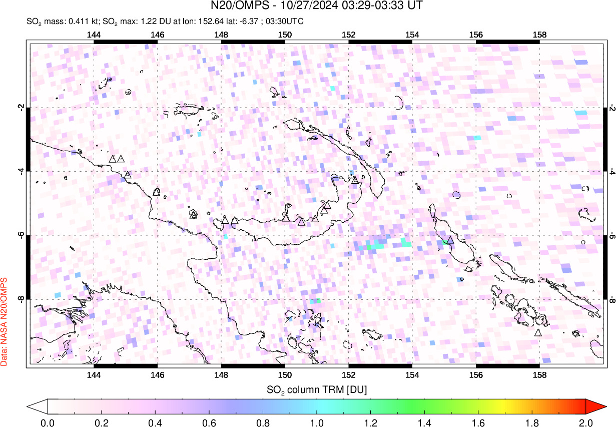 A sulfur dioxide image over Papua, New Guinea on Oct 27, 2024.