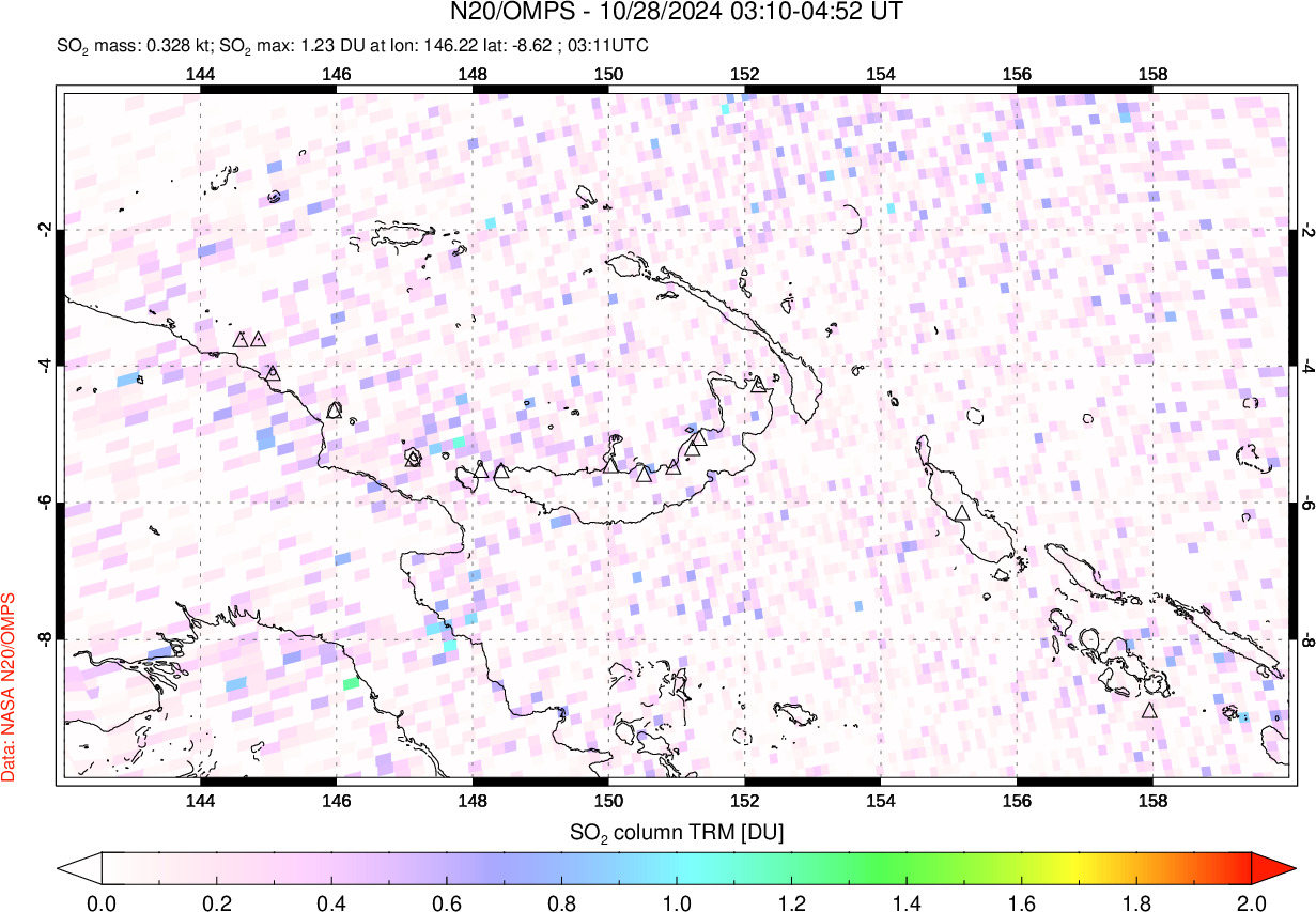 A sulfur dioxide image over Papua, New Guinea on Oct 28, 2024.