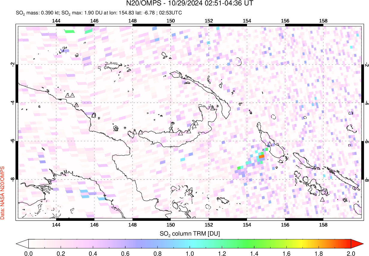 A sulfur dioxide image over Papua, New Guinea on Oct 29, 2024.