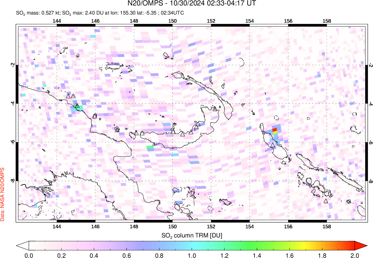 A sulfur dioxide image over Papua, New Guinea on Oct 30, 2024.