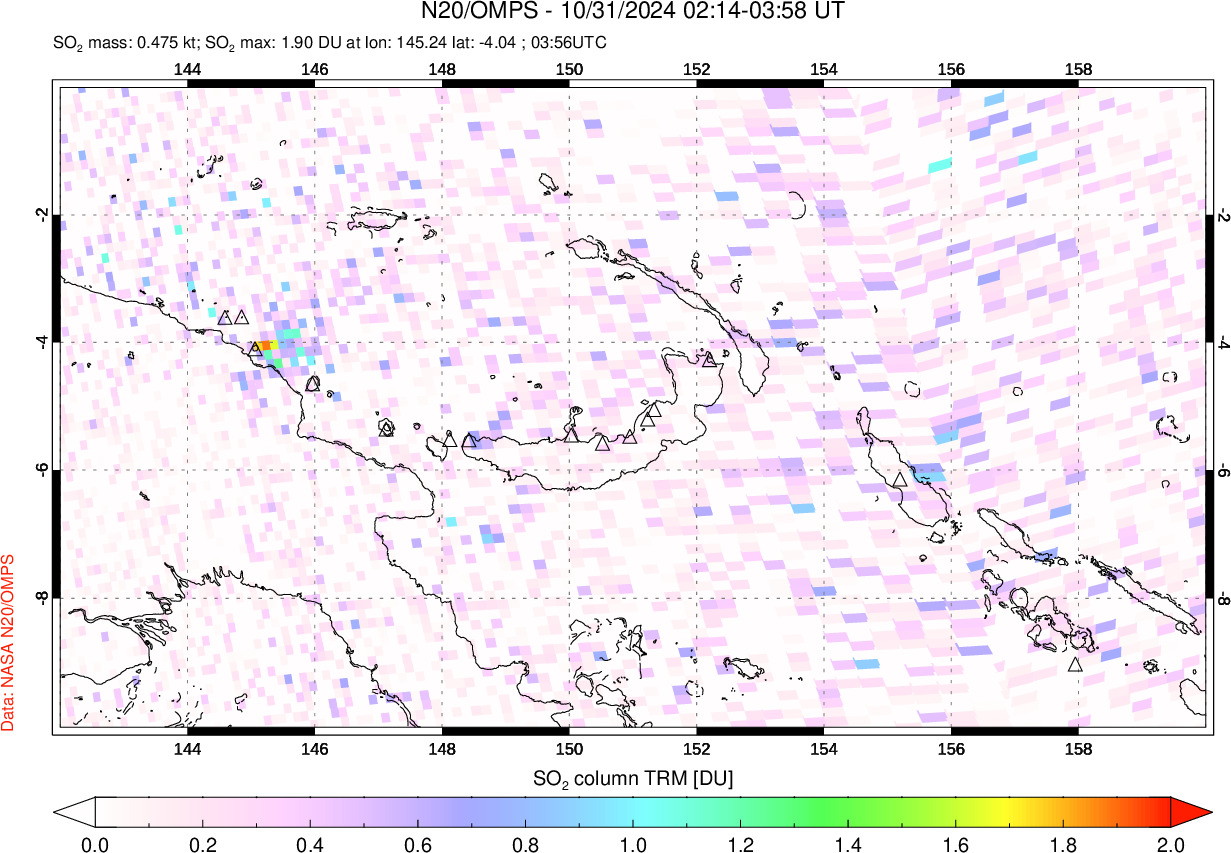 A sulfur dioxide image over Papua, New Guinea on Oct 31, 2024.