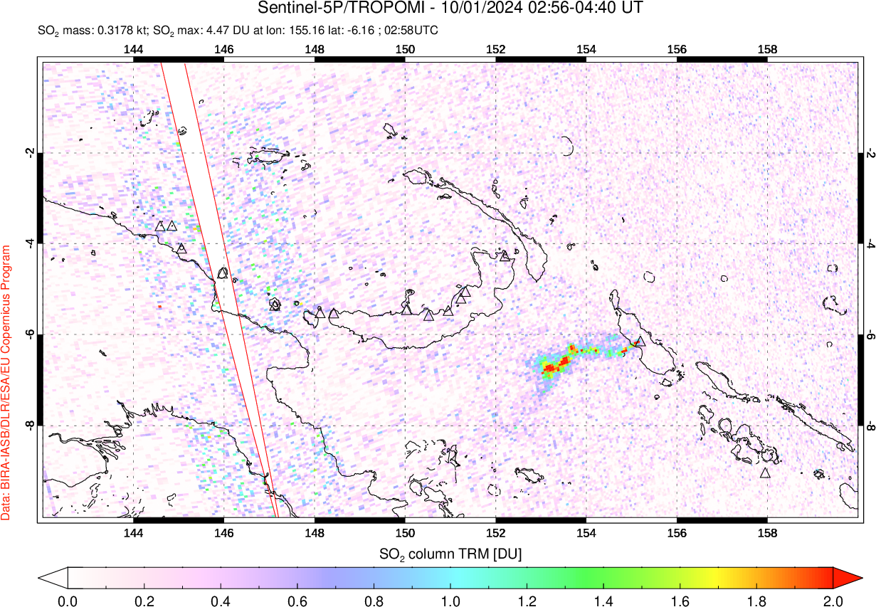 A sulfur dioxide image over Papua, New Guinea on Oct 01, 2024.