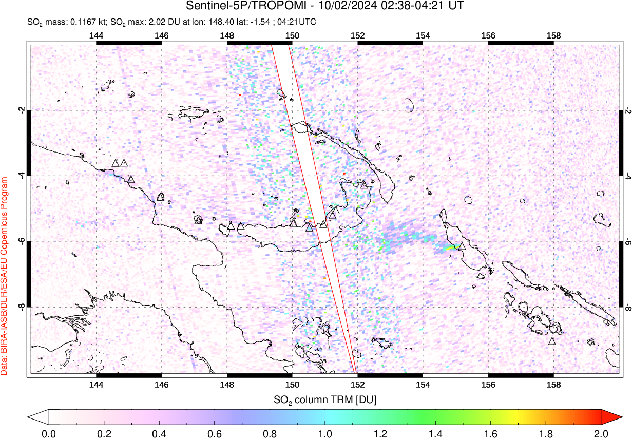 A sulfur dioxide image over Papua, New Guinea on Oct 02, 2024.