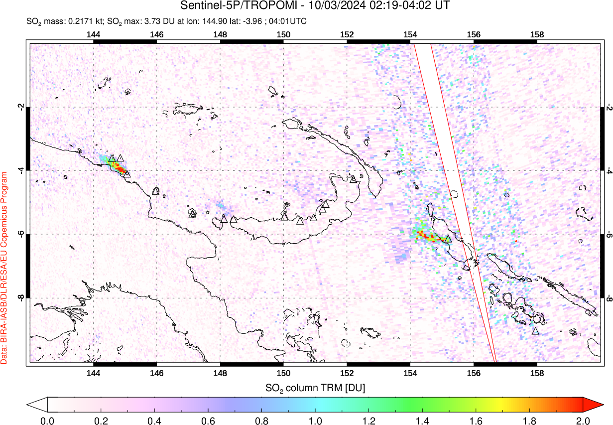 A sulfur dioxide image over Papua, New Guinea on Oct 03, 2024.