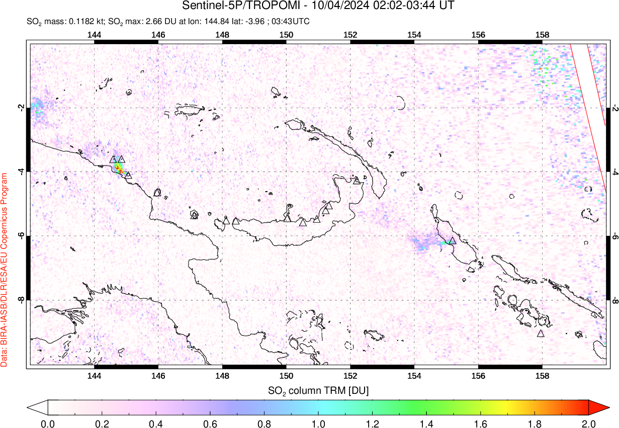 A sulfur dioxide image over Papua, New Guinea on Oct 04, 2024.