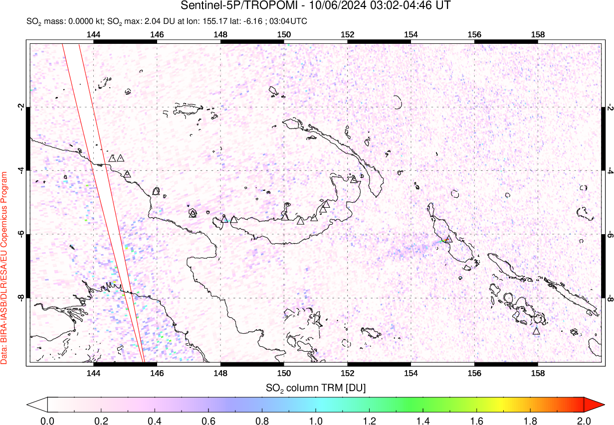 A sulfur dioxide image over Papua, New Guinea on Oct 06, 2024.