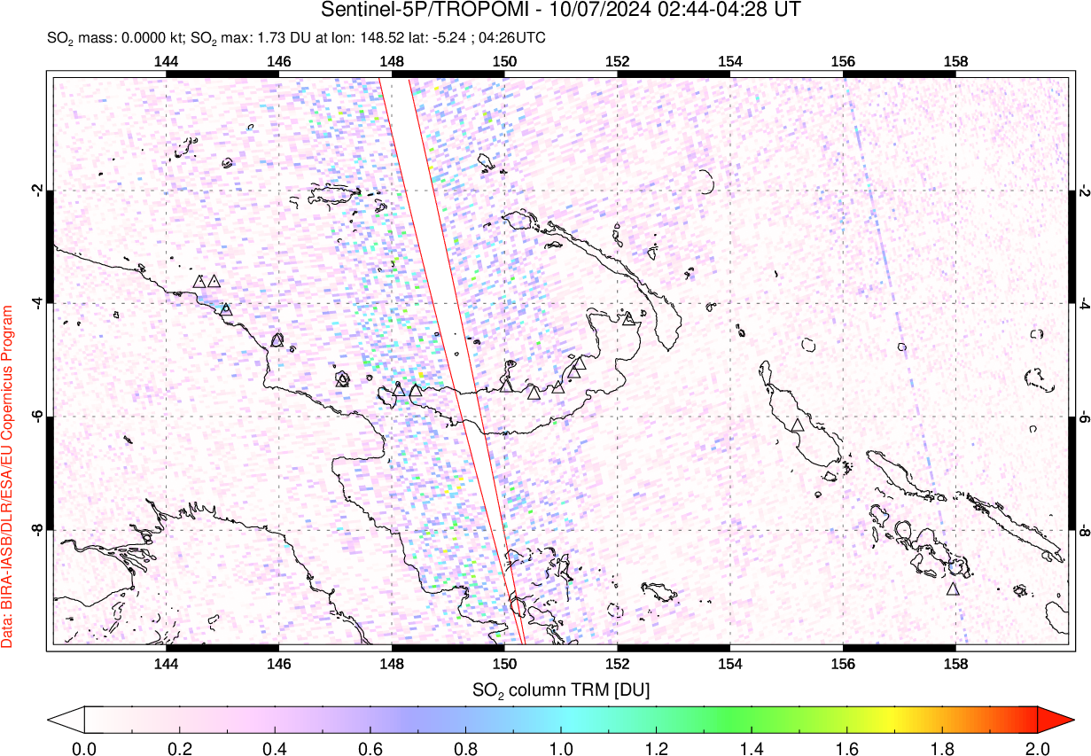 A sulfur dioxide image over Papua, New Guinea on Oct 07, 2024.