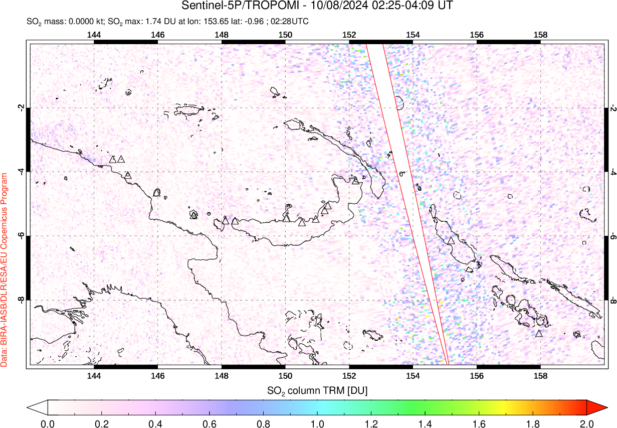 A sulfur dioxide image over Papua, New Guinea on Oct 08, 2024.