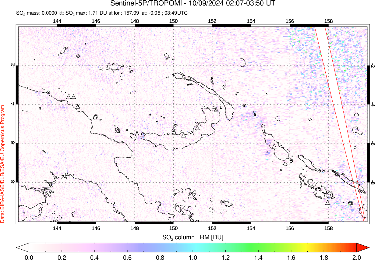 A sulfur dioxide image over Papua, New Guinea on Oct 09, 2024.