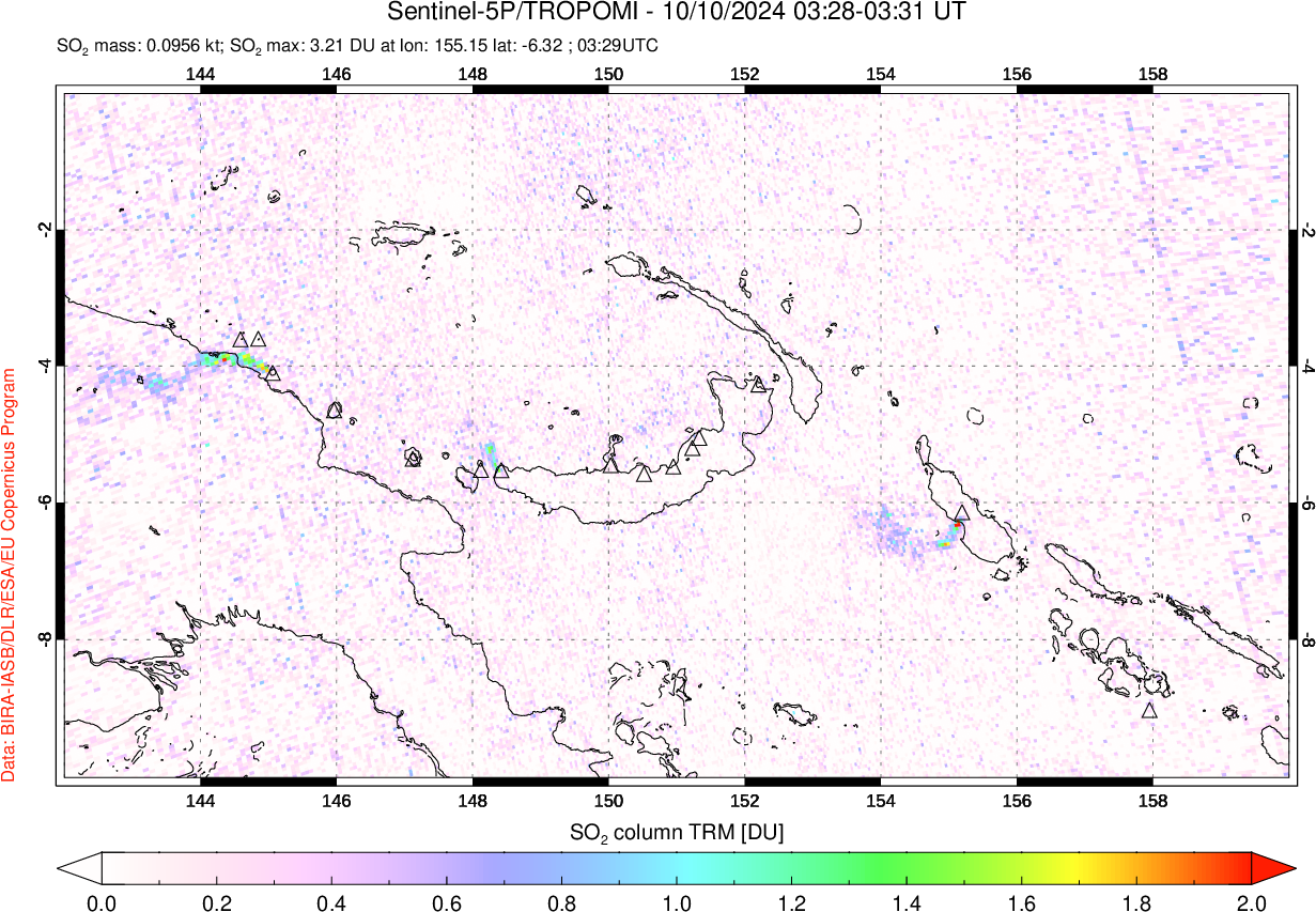 A sulfur dioxide image over Papua, New Guinea on Oct 10, 2024.