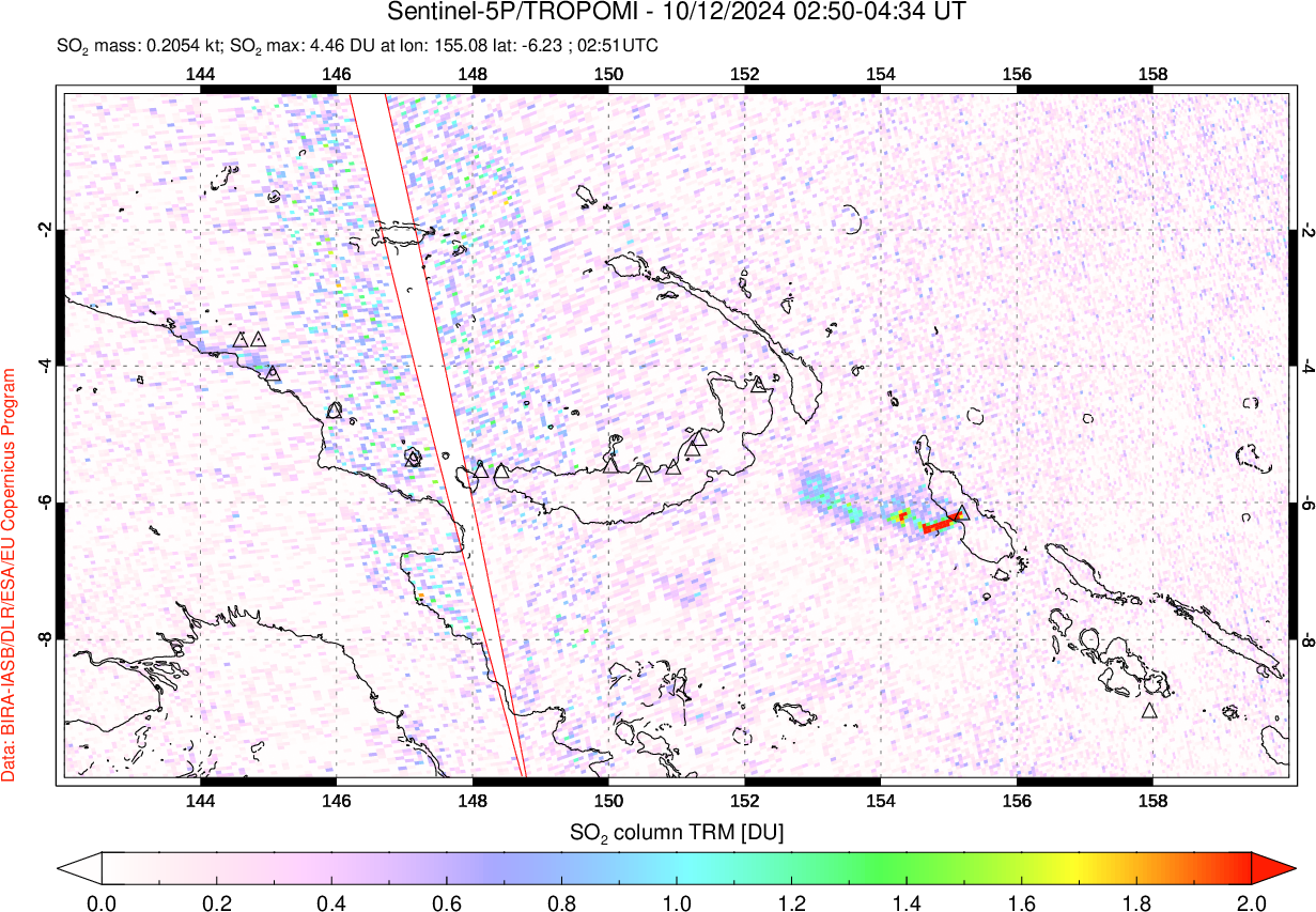 A sulfur dioxide image over Papua, New Guinea on Oct 12, 2024.