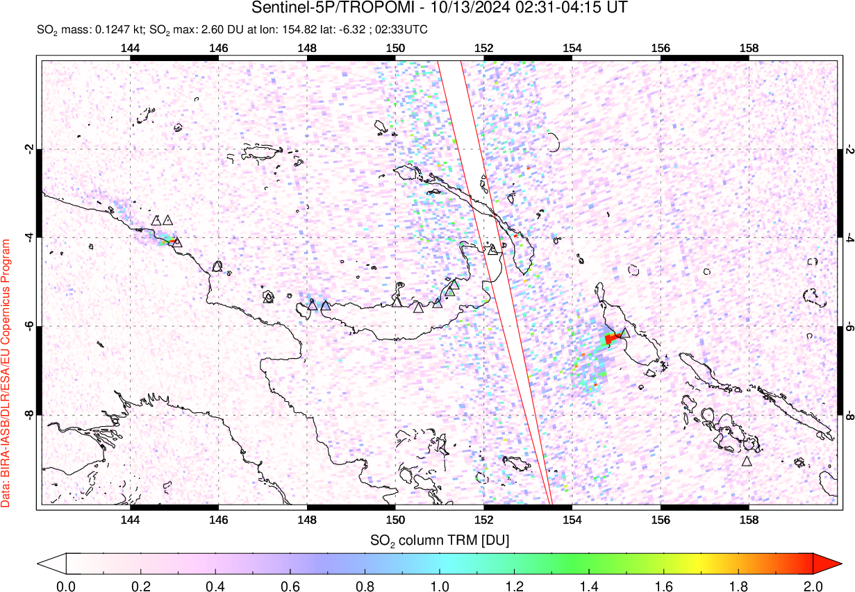 A sulfur dioxide image over Papua, New Guinea on Oct 13, 2024.