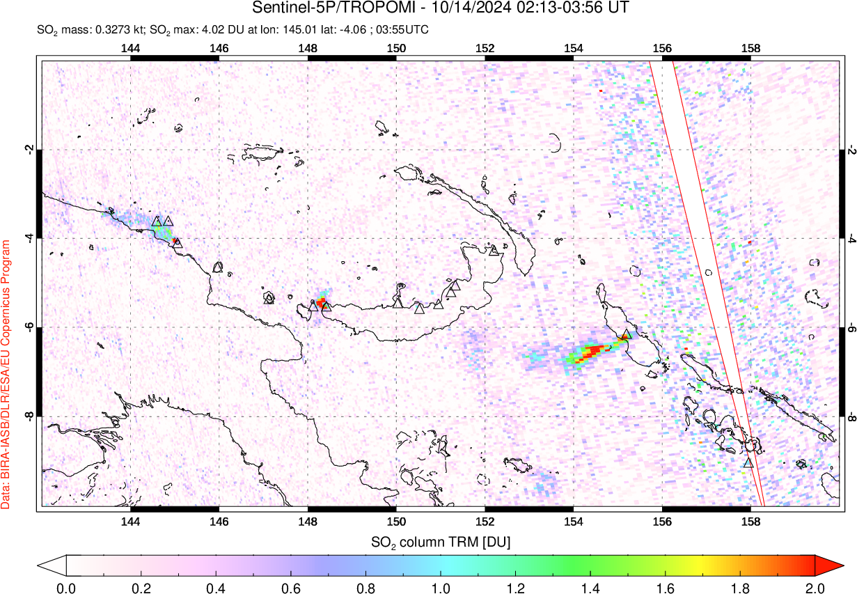 A sulfur dioxide image over Papua, New Guinea on Oct 14, 2024.