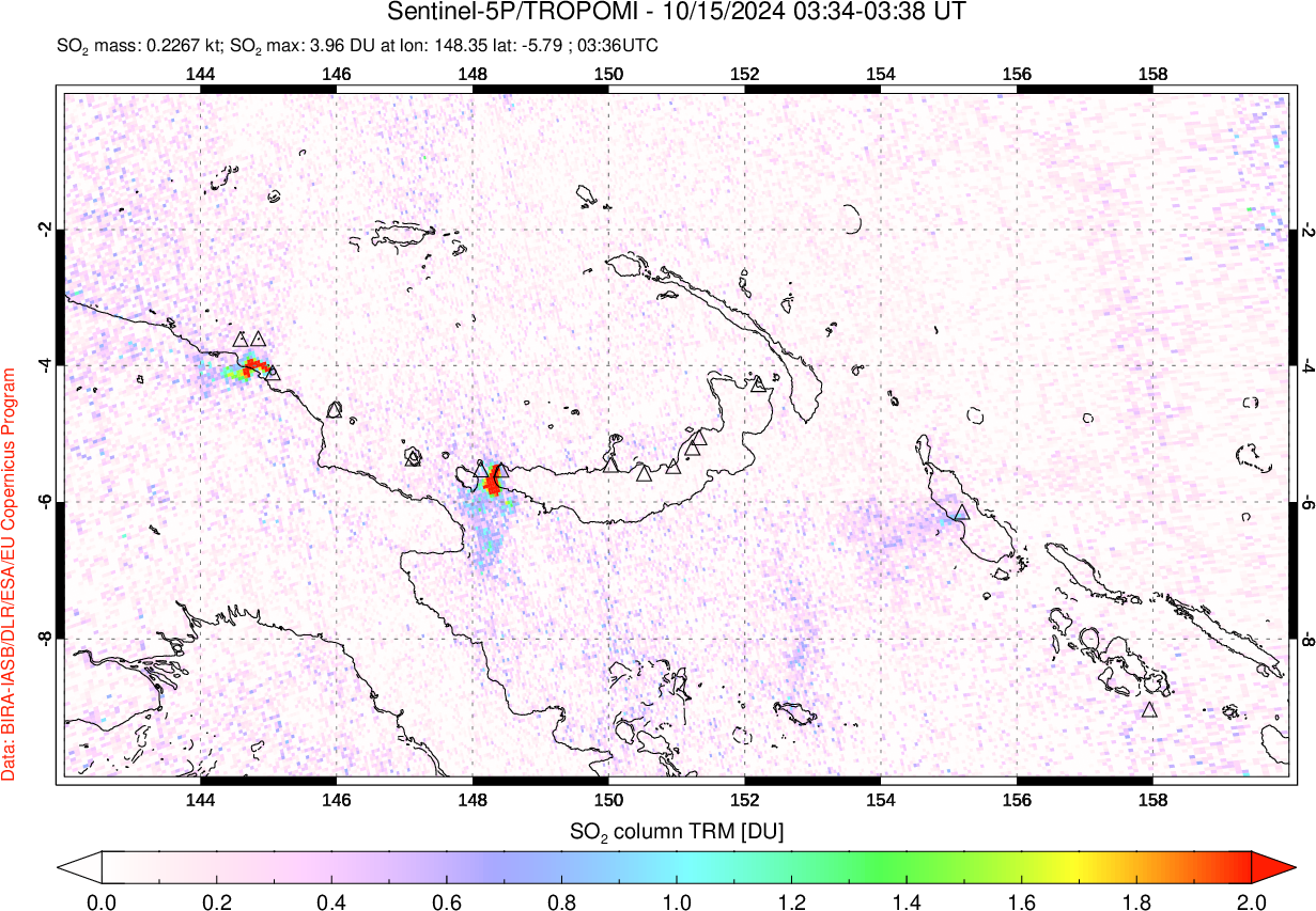 A sulfur dioxide image over Papua, New Guinea on Oct 15, 2024.