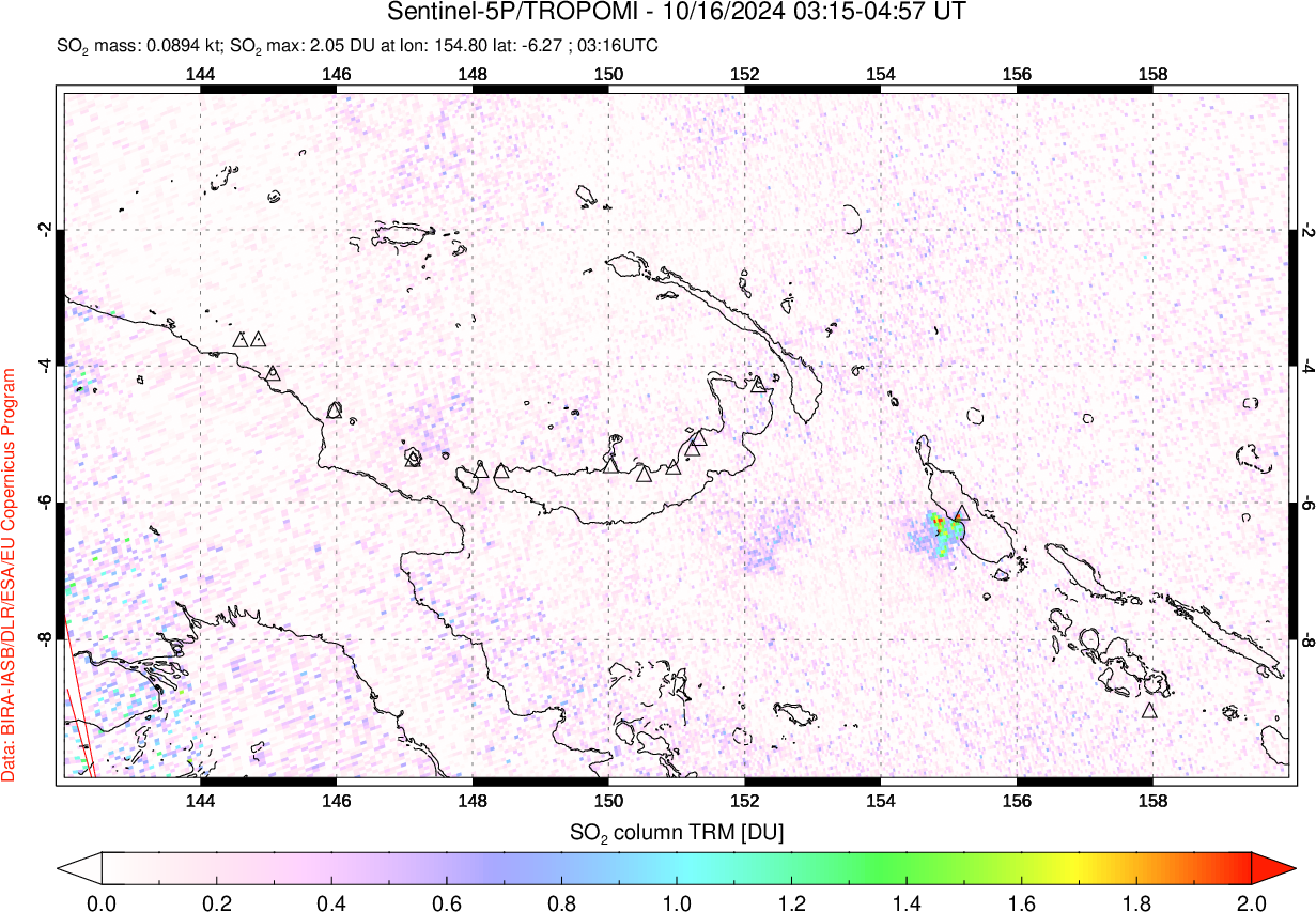 A sulfur dioxide image over Papua, New Guinea on Oct 16, 2024.