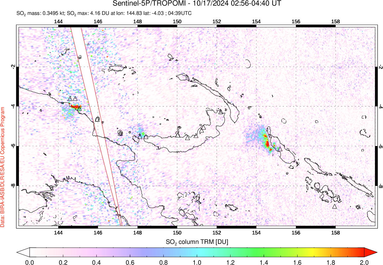 A sulfur dioxide image over Papua, New Guinea on Oct 17, 2024.