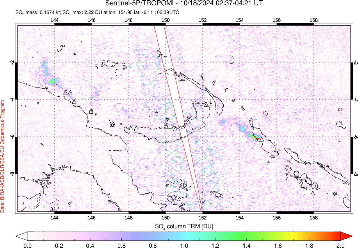 A sulfur dioxide image over Papua, New Guinea on Oct 18, 2024.