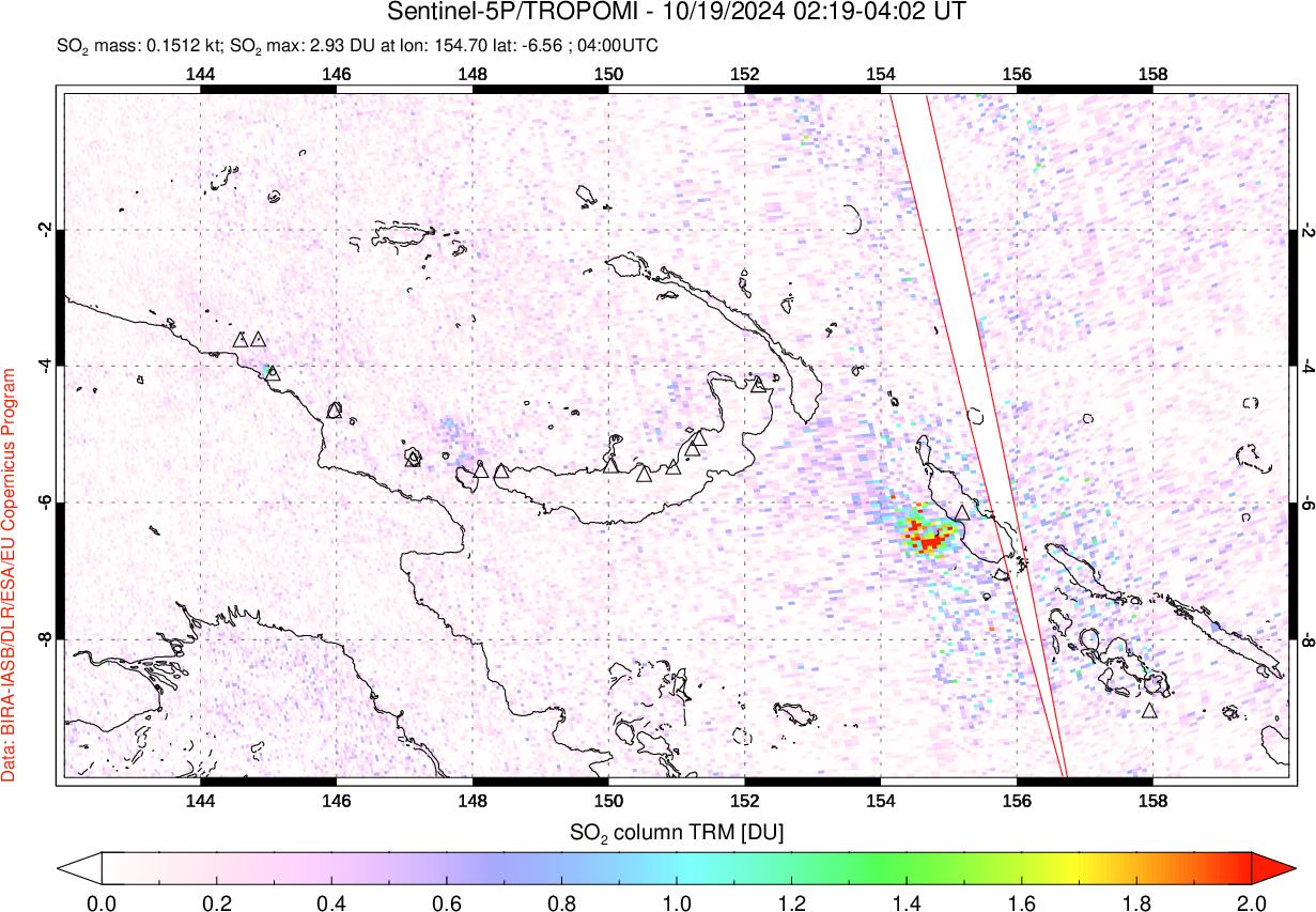 A sulfur dioxide image over Papua, New Guinea on Oct 19, 2024.