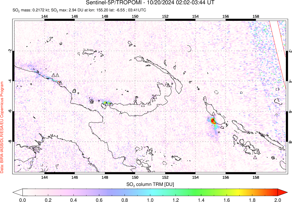 A sulfur dioxide image over Papua, New Guinea on Oct 20, 2024.